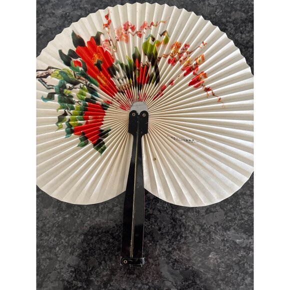 Vintage Chinese Fan With Floral Design Bird & Black Handle Virgin Islands - Picture 9 of 15